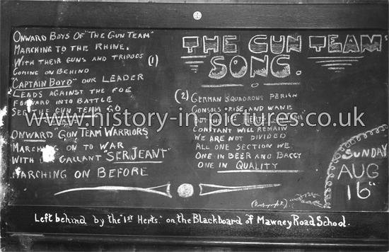 The Gun Team Song on blackboard at Mawney Road School, Romford, Essex.16th August 19xx